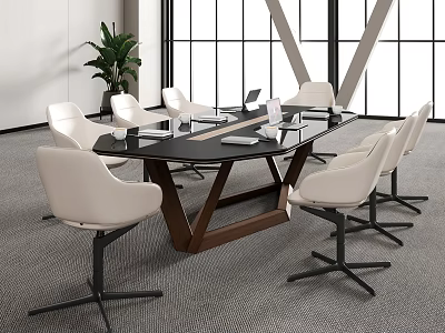 Modern Conference Table with Glass Top Wooden Legs and White Chairs Near Office Window 3d model