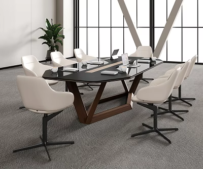 Modern Conference Table with Glass Top Wooden Legs and White Chairs Near Office Window 3d model