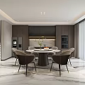Modern Restaurant Interior with Grey Cabinets Marble Floor Dining Table and Chairs 3d model