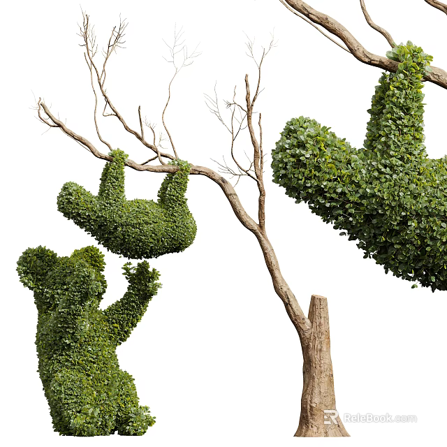 Lush Green Shrubs Trimmed Into Bear And Monkey Figures Hanging From Tree Branches 3d model
