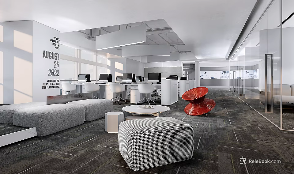 Modern Public Office Interior With Open Workstations Computers Gray Sofa And Red Chairs 3d model