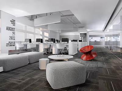 Modern Public Office Interior With Open Workstations Computers Gray Sofa And Red Chairs 3d model