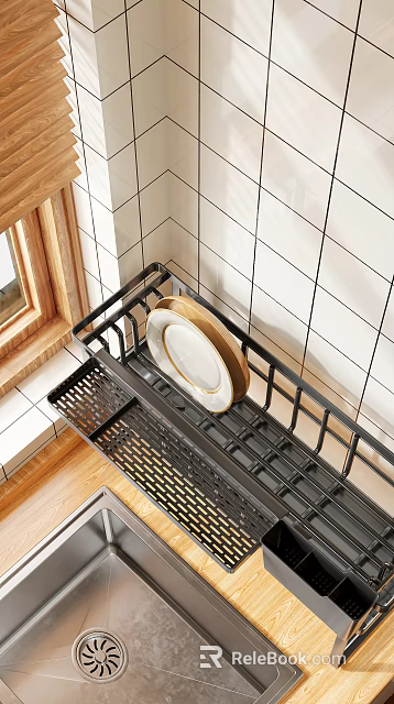 Kitchen Cabinet Black Metal Rack On White Tiled Wall With White Plate Gold Rim 3d model 