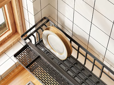 Kitchen Cabinet Black Metal Rack On White Tiled Wall With White Plate Gold Rim 3d model