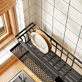 Kitchen Cabinet Black Metal Rack On White Tiled Wall With White Plate Gold Rim
