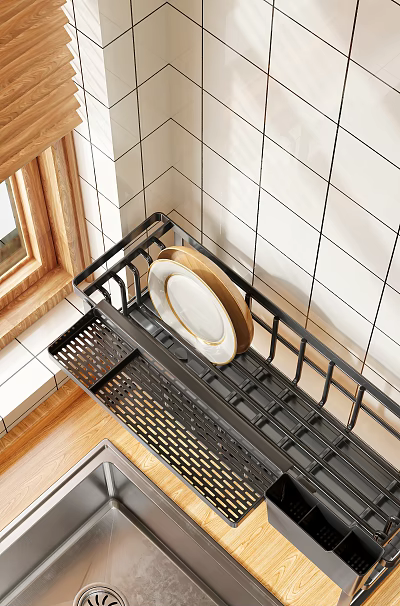 Kitchen Cabinet Black Metal Rack On White Tiled Wall With White Plate Gold Rim 3d model