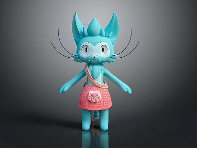 Blue Cat Game Movie Character With Large Ears Long Whiskers And Pink Plaid Skirt 3d model
