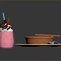 Creamy Crème Brûlée And Purple Smoothie With Cherry Topping Striped Straw Checkered Napkin And Spoon