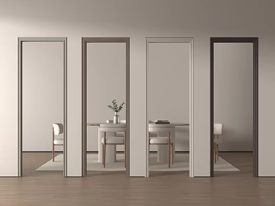 Four Different Colored Door Frames Revealing Dining Area With Table Chairs And Plant Vase 3d model