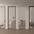 Four Different Colored Door Frames Revealing Dining Area With Table Chairs And Plant Vase