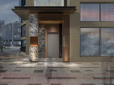 Modern Elevator Lobby Entrance With Stone Wall Glass Windows And Lighting Design 3d model