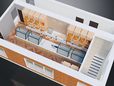 Cozy Sweet Shop Interior Design With Glass Display Counters Wooden Shelves And Seating Area 3d model