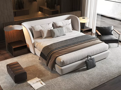 Modern Double Bed With Soft Pillows Bedside Tables Lamps Cozy Rug And Chair 3d model