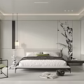 Modern Bedroom Interior Design With Minimalist Bed Ink Painting Wall Art And Green Accent Chair