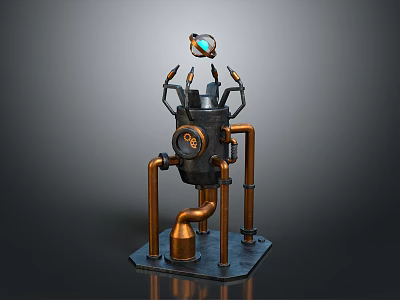 Steampunk Style Equipment With Black Main Body Copper Pipes Top Blue Gemstone And Square Base 3d model