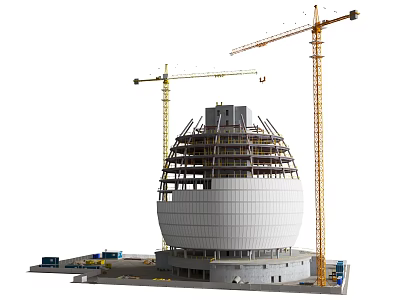 Dome Shaped Building Under Construction With Tall Cranes Scaffolding And Equipment 3d model
