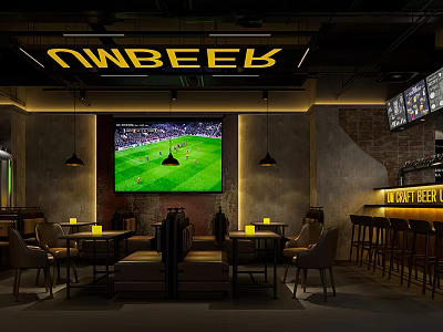 OWBEEB Bar with Football Match on Big Screen Brick Walls Hanging Lights and Tables 3d model