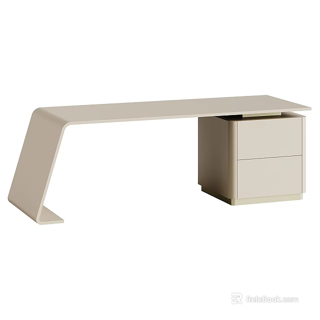 Modern Office Desk With Curved Leg Design And Light Beige Drawer Cabinet 3d model 