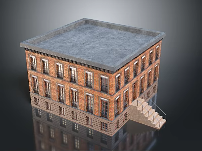Multi Story Brick Residential Building With Multiple Windows Gray Roof And Staircase 3d model