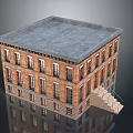 Multi Story Brick Residential Building With Multiple Windows Gray Roof And Staircase