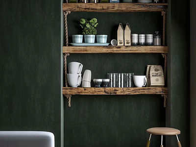 Rustic Floating Shelf on Dark Green Wall with Ceramic Mugs Potted Plant and Glass Jars 3d model