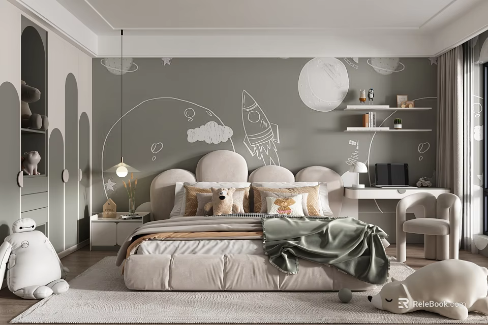 Cozy Kids Bedroom With Soft Bed Decorative Wall Rocket Moon Clouds Shelves And Plush Toys 3d model 