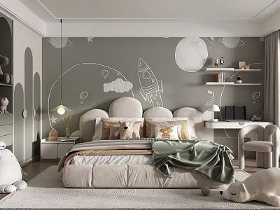 Cozy Kids Bedroom With Soft Bed Decorative Wall Rocket Moon Clouds Shelves And Plush Toys 3d model