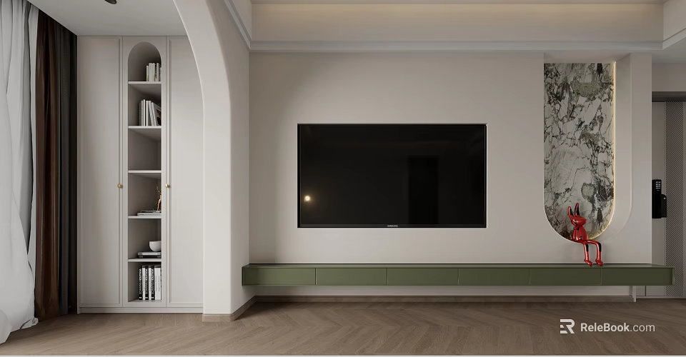 Minimalist Modern TV Wall With Green Cabinet And Arched Bookshelf 3d model 
