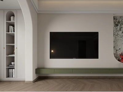 Minimalist Modern TV Wall With Green Cabinet And Arched Bookshelf 3d model