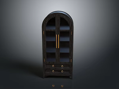 Elegant Dark Wood Cabinet With Arched Top Glass Doors Gold Handles And Drawers 3d model