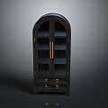 Elegant Dark Wood Cabinet With Arched Top Glass Doors Gold Handles And Drawers
