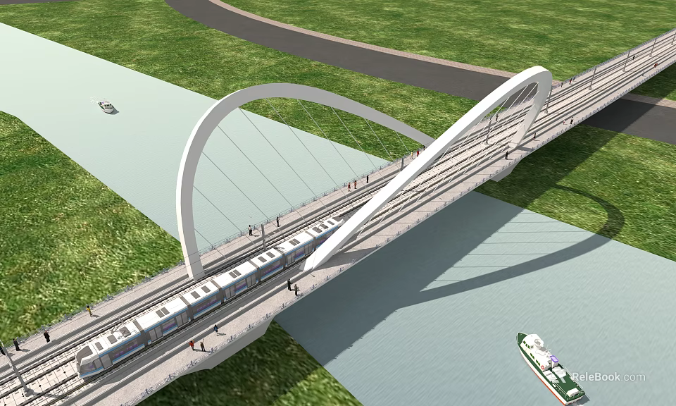 Modern Arched Bridge Design With Train On Deck River Below Green Grass And Road 3d model 