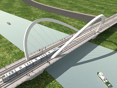 Modern Arched Bridge Design With Train On Deck River Below Green Grass And Road 3d model