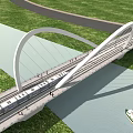 Modern Arched Bridge Design With Train On Deck River Below Green Grass And Road 3d model