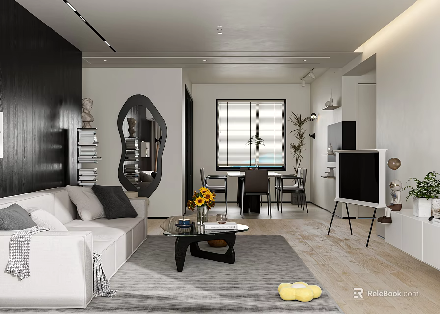 Modern Living Dining Room Interior Design With White Sofa Dining Table Sunflowers And TV 3d model 