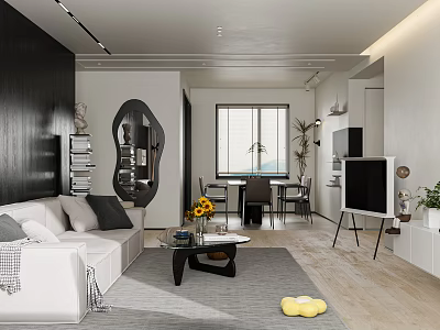Modern Living Dining Room Interior Design With White Sofa Dining Table Sunflowers And TV 3d model