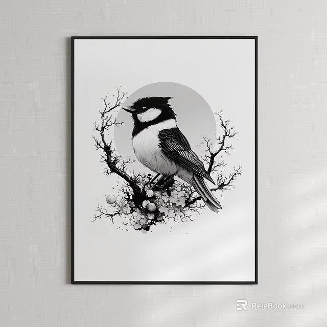 Black And White Bird Painting With Circular Moon Branches And Flowers On White Background 3d model 