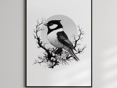Black And White Bird Painting With Circular Moon Branches And Flowers On White Background 3d model