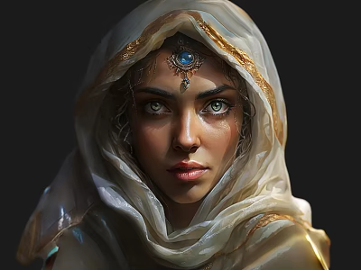 Enchanting Game Movie Character Featuring Hooded Veil Golden Trim Blue Gemstone And Intense Gaze 3d model