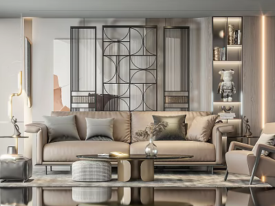 Elegant Modern Beige Sofa with Decorative Pillows and Coffee Table Set with Ottoman 3d model