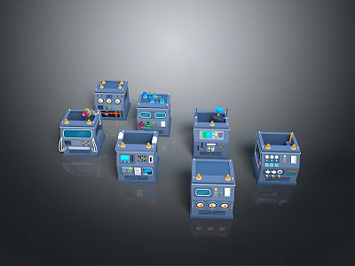 Multiple Blue Control Panels With Buttons Screens And Various Interfaces Arranged On Dark Surface 3d model