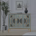Modern Sideboard With Geometric Patterns Gold Trim Wooden Surface By Plant Vase And Wall Art