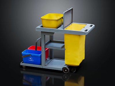 Commercial Cleaning Cart With Yellow Trash Bin Blue Red Buckets Metal Frame And Wheels 3d model