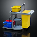 Commercial Cleaning Cart With Yellow Trash Bin Blue Red Buckets Metal Frame And Wheels