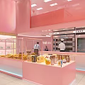 Pink Dessert Shop Interior With Glass Display Cases Fresh Pastries And Staff Working Near Ovens
