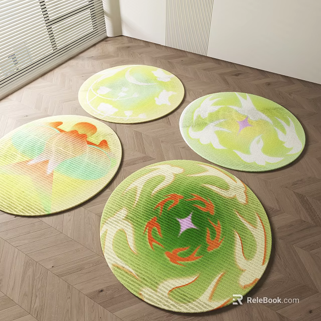 Colorful Round Rugs with Star Center and Swirl Patterns in Green Yellow Orange 3d model 