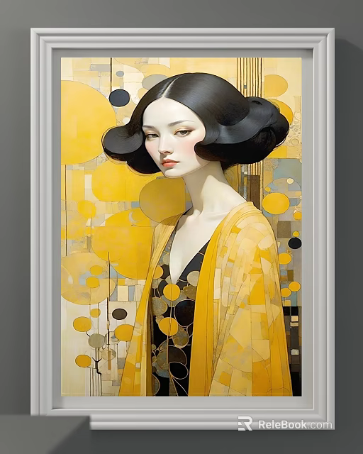 Artistic Portrait Painting of Woman with Black Styled Hair Yellow Cardigan and Geometric Patterns 3d model 