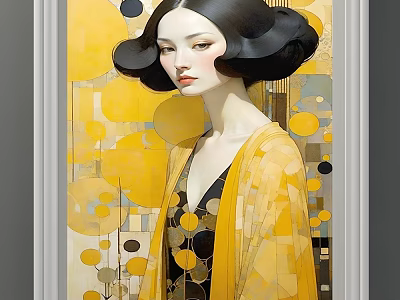 Artistic Portrait Painting of Woman with Black Styled Hair Yellow Cardigan and Geometric Patterns 3d model
