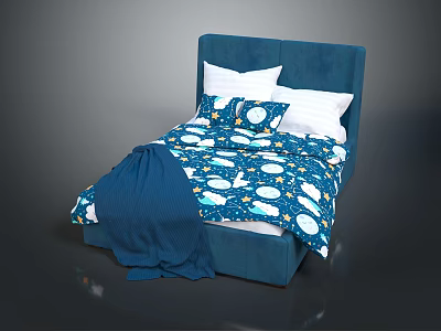 Blue Upholstered Double Bed With Star Moon Pattern Quilt Blue Blanket And White Pillows 3d model