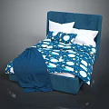 Blue Upholstered Double Bed With Star Moon Pattern Quilt Blue Blanket And White Pillows 3d model